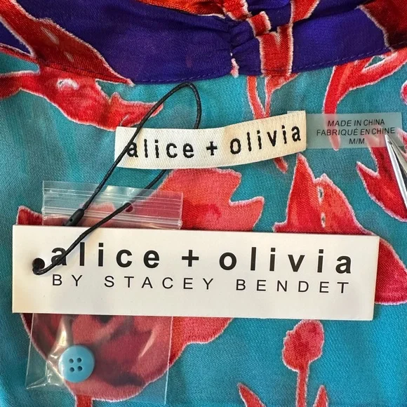 NWT ALICE + OLIVIA Sheer Floral Poppy Garden BlueBird Blouse with Neck Tie - Picture 12 of 16